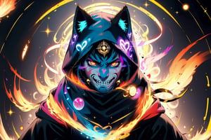 Text Mad Cat, (((1boy))) , ((solo male)), cat ears, animal ears, Black with red highlights hair, yellow glowing eyes, Mad face, crazy smile, epic,8k,fantasy,ultra detailed,Magic,((hood)),(hoodie),casting spell,blackhole,menancing,((glowing eyes)),((glowing)),((Bloom)),magnificent,Masterpiece, best quality, standing,cat man , evil, evil grin, apocalypse, destruction,e nd of the world, crazy eyes, Crazy, psychotic, superior, Manly,(sadistic),((demoniac)), ,wrenchsmechs,Female,Portrait