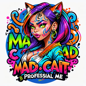 Text that reads"Mad Cat" Design me a professional simplistic logo, the company is about music and beautiful woman, the logo should contain “B B”, should be on transparent background, style graffiti street art with neon and bold colors,