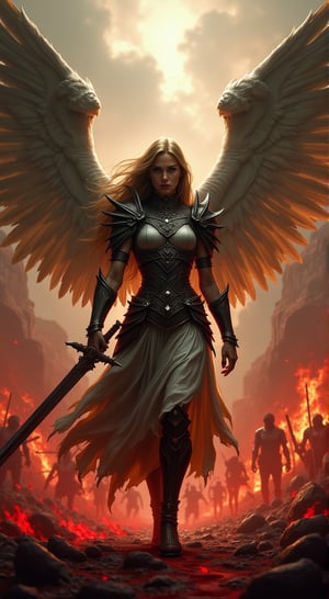 Gorgeous angel warrior fighting her way through hell with only a large sword. Bloody demon hoard in background.