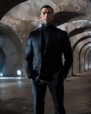 there is a man in a suit standing in a tunnel,handsome male,(MkmCut)