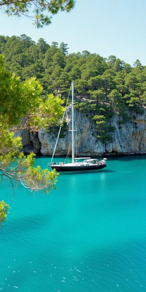 Captured from a high-angle perspective on a sunny day, a black sailboat is anchored in the middle of a body of water. The boat is adorned with a white sail, and a few people are seated on the deck. The water is a vibrant turquoise color, and the boat is floating on the surface of the water. To the left of the boat, a large tree branch is visible, adding a pop of color to the scene. In the background, a rocky cliff face is covered in lush green trees. The sky is a muted blue, with a few wispy clouds.,noc-landscape