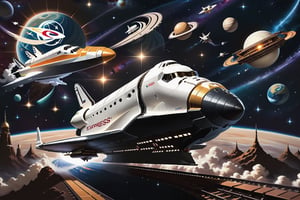 There  an image of a space shuttle with a star in the background, vintage space station logo, big train in space, retro science fiction spaceship, small retro starship in the sky, ornate spaceship painting, space graphic art in the background, far away spaceship in the background, spaceship in space, the Milky Way Express,  spaceship in background, WHITE BACKGROUND