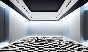 A wide-angle shot captures the modern empty room, ready to start fresh. The camera gazes upon the bold black and white checkerboard-patterned carpet, a striking focal point amidst the gray walls and soaring black ceiling. The room's dimensions are notable: the larger back wall contrasts with the smaller side walls, while the flat floor stretches wall-to-wall, covered in the striking black and white carpet, evoking a sense of new beginnings and possibilities.