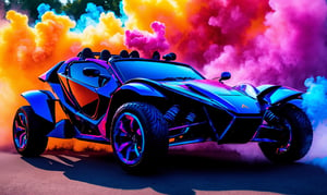 front  view of a Ariel Nomad with a background of colorful smoke , ✏️🎨, 8k stunning artwork, vapor wave, neon smoke, hyper colorful, stunning art style, car with holographic paint, amazing wallpaper, futuristic art style, 8 k highly detailed ❤🔥 🔥 💀 🤖 🚀4k phone wallpaper, inspired by Mike Winkelmann, 