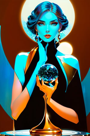 (masterpiece), Detailed shot of a beautiful slender woman on a golden pedestal, copper colored hair, makeup, hypnotizing gaze, hematite stone crystal ball in her hand, posing artistically with the hematite stone, digital painting, intricate, elegant, highly detailed, seasonal art.impressionist art, sharp soft focus, illustration, Unreal Engine 5, 8k, art by artgerm and greg rutkowski and alphonsemucha