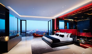 A wide-angle shot captures the masculine high tech and modern and classy fung shui vibe of the bedroom with colors of black red silver gold and glass, there is a large bed with black and red beding, a projector casts a image that covers a hole wall that is displaying a colorful vibrant clear image of a nature seane, there is another wall that is windows with a view of New York city, every color and form in the room has equal balance, the room has a uniformed square checkerboard patern marble floor that is the central focal point amidst the tall walls and soaring ceiling. The camera gazes upon the square space, with a  larger back wall and shorter side walls that are even and have no doors, the room is about new beginnings and possibilities.,Modern,cinematic_warm_color
