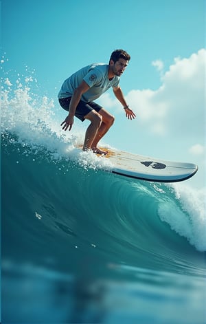  (((ultra photo REALISTIC))), sharp focus, extreme detail description, professional, vivid colors, bold color palette, photorealism, a man is surfing on a white surfboard with a black emblem on the front. He is wearing a short-sleeved shirt and black shorts. His hair is short and dark. His arms are spread out to his sides, and his legs are bent at the knees. The surfboard is positioned in front of a large wave, which is cresting the right side of the image. The wave is a deep blue, with a white foam at the top of the wave. The sky is a light blue, dotted with white clouds. In stunning 16K UHD resolution, this masterpiece showcases unparalleled quality, accuracy, and attention to detail, extremely high quality RAW photograph, detailed background, intricate, Exquisite details and textures, highly detailed, ultra detailed photograph, warm lighting, sharp focus, high resolution, Hyperrealism, masterpiece, accurate, super detail, best quality, award winning, highres, 16k 8k uhd, dslr, high quality,