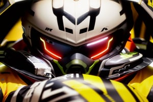(there is a man in a helmet and a jacket), (masterpiece, best quality, 8K, high detailed) male, adult male, muscular male, muscular, faceless, faceless male, (masked, futuristic mask, futuristic helmet, cyberpunk mask, cyberpunk helmet, helmet cover all of face, mask covering all of face), racer suit, grey longpants, Standing next to a racing sports car,Car,Sports car