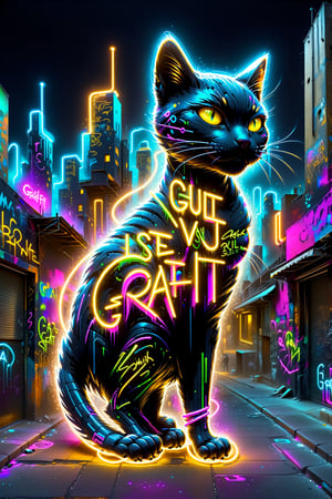 text saying "",  graffiti neon street art A sleek, futuristic human black cat, with glowing cybernetic enhancements prowls through a golden neon-lit cityscape  neon vivid colors, SelectiveColorStyle,DonM3l3m3nt4lXL