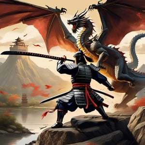 A samurai fighting a big dragon have pair of wings in a medieval painting style.,action_pose, knight&dragon