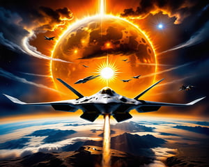 A single stealth fighter jet flies just feet above a thick cloud cover, with the sun behind it, casting a stunning yellow and orange glow over everything. The aircraft features a sleek blended wing body design, reminiscent of Lockheed and Boeing's conceptual art for fifth-generation fighters and top-secret space planes. This scene evokes elements of the B-2 bomber and advanced military drones, suggesting cutting-edge technology and futuristic warfare.

Imagined as a high-detail, hyperrealistic painting, this piece combines the artistic styles of Jason Felix, Robert Peak, and John Luke, blending the realism of a movie still with the grandeur of a masterpiece. The jet, possibly part of a secret project at Roswell Air Base or a NASA endeavor, is rendered in award-winning, super high-resolution quality, suitable for 4K, 8K, or even 16K displays.