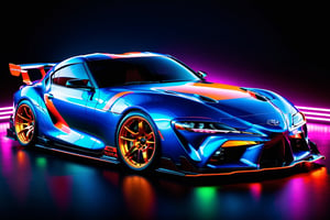 (masterpiece, best quality, ultra-detailed, 8K),toyota supra 2023 model, race car, street racing-inspired,Drifting inspired, LED, ((Twin headlights)), (((Bright neon color racing stripes))), (Black racing wheels), wide body kit, modified car,  racing livery, masterpiece, best quality, realistic, ultra highres, (((depth of field))), (full dual colour neon lights:1.2), (hard dual colour lighting:1.4), (detailed background), (masterpiece:1.2), (ultra detailed), (best quality), intricate, comprehensive cinematic, magical photography, (gradients), glossy,aesthetic,intricate, realistic,cinematic lighting, Neon tungsten Paint,cyberpunk style,c_car