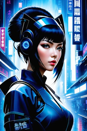 Ghost in the Shell Vol.2 - Assassin Geisha, by Luis Duarte, Luis Duarte style, blue and black shading, Neo-Tokyo style, Element Air, Mythpunk, Graphic Interface, Sci-Fic Art, Dark Influence, NijiExpress 3D v3, Kinetic Art, Datanoshing, Oilpainting, Ink v3, Splash style, Abstract Art, Abstract Tech, Cyber Tech Elements, Futuristic, Illustrated v3, Deco Influence, AirBrush style, drawing