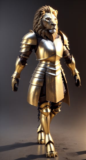 3D model, lion in front, armor intricate designs, metal plates, glowing gold, 