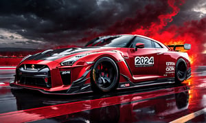 Ultra wide photorealistic medieval gothic image of "2024" lettering, custom design, graffiti, racing serial number, fast lanes,UIltra wide shot, full car 2024 Nissan GT R Nismo red with black race racing livery wiith a wide body kit racing with a Dark sun setting in the background, Glowing road as the car races showing motion with spinning tire blur and motion lines behind it,  - 8k photorealistic masterpiece - by Aaron Horkey and Jeremy Mann - detail. liquid gouache: Jean Baptiste Mongue: calligraphy: acrylic: color watercolor, cinematic lighting, maximalist photo illustration: marton Bobzert: 8k concept art, intricately detailed realism, complex, elegant, sprawling, fantastical and psychedelic, dripping with color,science fiction,H effect