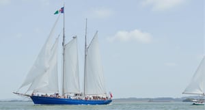 Captured at eye-level on a sunny day, a large sailing ship is seen in the middle of the frame. The ship is adorned with a blue body, adorned with white sails, and numerous people are seated on the bottom of the ship. The sails are adorned with two American flags, one red, white and blue, and the other green. The sky is a pale blue, dotted with wispy white clouds, adding a touch of color to the scene.