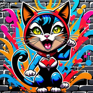 "Mad Cat" the graffiti style of cute cat woman is singing, ((bold colorful, rich colors,high detailed, masterpiece,natural lighting,less Shadow,high quality, graffiti style)),LOGO