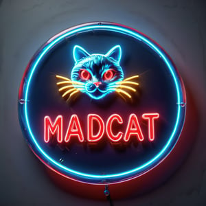 Text "MadCat"fancy text under a neon mad cat encased in a round plastic   arcade button using red and blue neon colors , clear background,
