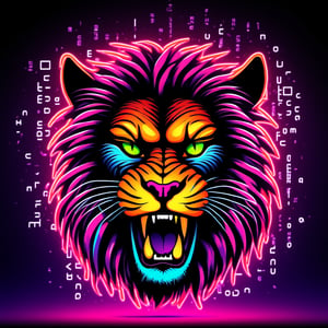 ((( Mad Cat TEXT))), neon mad lion face, Neon multy colored matrix code falling from the top in the background, intelligence concepts HD wallpaper,