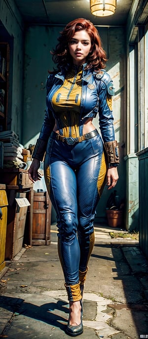 (((Fullbody view))), photorealistic, high resolution, 1women, solo,  (detailed face), dark red hair, long hair, fallout vaultsuit pipboy3000, blue suit