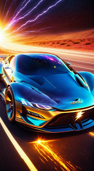 a sci-fi sportscar passing by, light speed, flash, motion trail, a shining star(sun) in the background, motion blur, epic visual effects, interstellar, flow, detailed, scifi, star blast, dark vibrant colors, cosmic art, stars in background, cinematic scene, lens flare, god rays, glow, art of Doug Chiang and John Park glowneon, glowing, sparks, lightning, ultra detailed dramatic lighting  ,highly detailed, vibrant colors , 8k, sharp, professional, clear, high contrast, high saturated,FuturEvoLabFlame