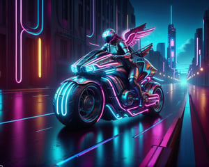 Wide angel view of a person riding a motorcycle on a city street, sitting on cyberpunk motorbike, riding a futuristic motorcycle, cyber neon lights, cyber neon lighting, cyberpunk futuristic neon, cyber neon lightings, cyberpunk with neon lighting, neon cyberpunk, futuristic motorcycle, cyberpunk neon, futuristic neon, neon cyberpunk style, cyberpunk neon lights, neon cyberpunk vibrant colors, daniel maidman octane rendering, futuristic vehicles, concept design art octane render, anime art vehicle concept art, cyberpunk futuristic neon, cycles 3 d render, futuristic vehicle,nlgtstyle,chrometech,surface imperfections