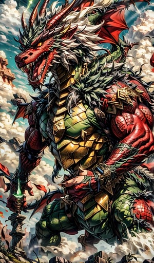 green giant Dragon face to face a hero with light saber,Ferocious,gargantuan,fhe eyes glow red,Glow effects,surrounded by cloud,ancient ruin, tomb