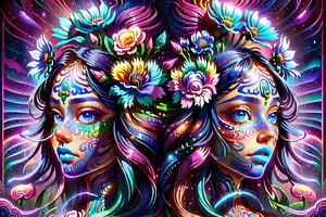 a close up of a painting of two women with flowers on their heads, psychedelic illustration, psychedelic goddess, psychedelic digital art, dan mumford and alex grey style, psychedelic art style, surreal psychedelic design, psychedelic organic cyborg, psychedelic style, psychedelic art, psychedelic visuals, psychedelic trip, symmetrical digital illustration, tribal psychedelic, trippy art, retro psychedelic illustration, psychedelic acid trip,ULTIMATE LOGO MAKER [XL],vapor_graphic,DonMV01dfm4g1c3XL ,glitter,vaporwave style,Beautiful girl ,DonM3l3m3nt4lXL