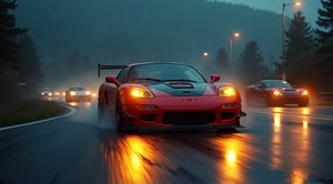 Race cars in a high speed street race (best quality,4k,8k,highres,masterpiece:1.2),ultra-detailed, ((a customized car)), ((street racer)), ((a beautiful paintjob)), ((fully detailed)), illustration, vivid colors, 2024 custom RX 7 Drifting, going fast, night, bright yellow headlights, setting USA Oregon's Mountain roads, No text on signs, Late night time, Set in a rain storm with lightning,1 car, Nature, model shoot style, Fast action style, Sideways drifting in to a turn, Red and black cars,