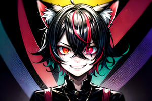 1boy ,solo male, cat ears, animal ears, Black with red highlights hair, middle hair,red eyes, glowing,glowing eyes,evil smile,crazy smile,(abstract art:1.3,psychedelia theme:1.2)