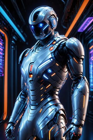 Image features a detailed illustration of a futuristic, humanoid robot with a sleek, aerodynamic design. The robot is primarily white with blue and red accents, and it has a robust, armored appearance. The main figure is shown in a standing position, with large, articulated limbs and a helmet-like head. The robot's design includes various mechanical details such as joints, panels, and vents. fullbody shot, soft textures, imaginative artwork, vibrant background, bokeh, three dimensional effect, 3d render, octane render, mix of bold dark lines and loose lines, Isometric, awesome full color, ultra detailed face, Candid photographs, {{rule of third}}, cinematic, light film, hyper detailed, hyper realistic, masterpiece, atmospheric, high resolution, 8k, HDR, 500px, long exposure:2.

