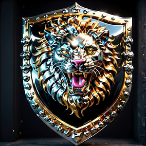 high detail, high quality, 8K Ultra HD, high quality, 8K Ultra HD, ln Family crest style, A neon mad golden lion face with  Sharp teeth in it's open mouth on a shield in silver and black highlights, background solid Black, glass shiny style