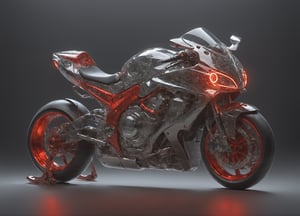 Masterpiece, ultra-definition, super detailed, perfect drawing, 1  transparent SPORT race motocycle with headlight on white lights , Colored red, silver and black carbonfiber, Industrial design, clean, Luminous neon lit,  red background, Surrealism, UHD, high details, best quality, 2K