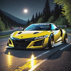 Race cars in a high speed street race (best quality,4k,8k,highres,masterpiece:1.2),ultra-detailed, ((a customized car)), ((street racer)), ((a beautiful paintjob)), ((fully detailed)), illustration, vivid colors, GTR, NSX,  Drifting, going fast, night, bright yellow headlights,setting USA Oregon's Mountain roads, No text on signs, Late night time dark skys filled with moonlight and bright stars,1 car.,Nature,modelshoot style