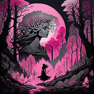 dryad in the woods. on black canvas in the style of guillem h. pongiluppi, abigail larson, ominous landscapes, john sloane, light gray and pink, energy-filled illustrations