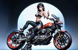 \\Beautiful 20 year old woman\\, (red eyes), ((black hair)), bangs, long_hair, hourglass body shape, detailed eyes, normal breasts quality, slim waist, (slim thick body), ((full-body_portrait)), masterpiece, best quality, realistic lighting effects, (in a colorful bikini), ((sitting on a motorbike)), sports bike, perfect figure