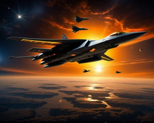 realistic, a fighter jet flying in the sky just feet above the clouds below the  sun behind in the background bathing everying in the suns color yellow and orange glow, Stelth v wing lockheed concept art, 5th gen fighter, b - 2 bomber, boeing concept art, top secret space plane, us airforce, fighter drones, military drone, by Jason Felix, roswell air base, boeing concept art painting, nasa, by Robert Peak, by John Luke, in the near future, Movie Still, masterpiece, super detail, best quality, award winning, highres, 4K, 8k, 16k