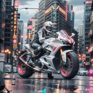 ftsbk, red motorcycle racing through city streets, white helmet, white_bodysuit, science_fiction, cyberpunk, midnight, street lights, neon signs, cinematic, high speed