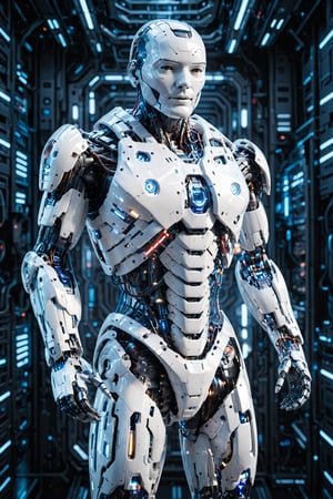 Image features a detailed illustration of a futuristic, humanoid robot with a sleek, aerodynamic design. The robot is primarily white with blue and red accents, and it has a robust, armored appearance. The main figure is shown in a standing position, with large, articulated limbs and a helmet-like head. The robot's design includes various mechanical details such as joints, panels, and vents. fullbody shot, soft textures, imaginative artwork, vibrant background, bokeh, three dimensional effect, 3d render, octane render, mix of bold dark lines and loose lines, Isometric, awesome full color, ultra detailed face, Candid photographs, {{rule of third}}, cinematic, light film, hyper detailed, hyper realistic, masterpiece, atmospheric, high resolution, 8k, HDR, 500px, long exposure:2.

