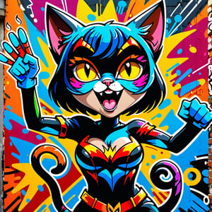 "Mad Cat" the graffiti style of cute cat woman is singing, ((bold colorful, rich colors,high detailed, masterpiece,natural lighting,less Shadow,high quality, graffiti style))