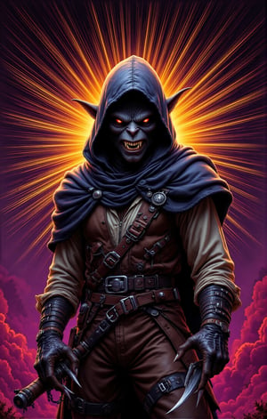 RPG fantasy style illustration of a D&D style male character with thick dark fur around his face, pointed ears, piercing eyes, sharp animalistic teeth, high-collared cloak, leather vest, cream-colored shirt, leather belts with metal buckles, fingerless gloves, and an overall adventurous appearance, in an action pose baring his claws.”
 , (masterpiece:1.2),(Highest quality),(Super detailed),(Ultra-high resolution),(Best illustrations),(8k,wallpaper),(Masterpiece), (ultra-detailed, 8k quality), (top quality), (best composition), (high resolution),  ( ultra-vivid colors, glowing outlines, psychedelic and surrealistic mood, inspired by 1970s pop art, bubble ,psychedelic,Vector art,Layered textures,progressive,pop,sf,cyber punk,Super sexy:2.0,) ,(masterpiece of art:1.2), ,Esmeralda,VIVID,aidmafluxpro1.1,