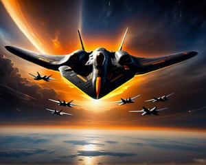 realistic, a fighter jet flying in the sky just feet above the clouds below the  sun behind in the background bathing everying in the suns color yellow and orange glow, Stelth v wing lockheed concept art, 5th gen fighter, b - 2 bomber, boeing concept art, top secret space plane, us airforce, fighter drones, military drone, by Jason Felix, roswell air base, boeing concept art painting, nasa, by Robert Peak, by John Luke, in the near future, Movie Still, masterpiece, super detail, best quality, award winning, highres, 4K, 8k, 16k