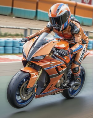 there is a man riding a motorcycle on a track with a helmet on, vibrant and dynamic, orange racing stripes, action sports, action pose, dynamic angled shot, 🚿🗝📝, high quality picture, vibrant and powerful, wheelie, hyper realistic, dynamic action shot, hyper - realistic, hyper-realistic, riding a motorcycle