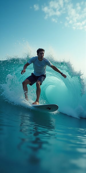  (((ultra photo REALISTIC))), sharp focus, extreme detail description, professional, vivid colors, bold color palette, photorealism, a man is surfing on a white surfboard with a black emblem on the front. He is wearing a short-sleeved shirt and black shorts. His hair is short and dark. His arms are spread out to his sides, and his legs are bent at the knees. The surfboard is positioned in front of a large wave, which is cresting the right side of the image. The wave is a deep blue, with a white foam at the top of the wave. The sky is a light blue, dotted with white clouds. In stunning 16K UHD resolution, this masterpiece showcases unparalleled quality, accuracy, and attention to detail, extremely high quality RAW photograph, detailed background, intricate, Exquisite details and textures, highly detailed, ultra detailed photograph, warm lighting, sharp focus, high resolution, Hyperrealism, masterpiece, accurate, super detail, best quality, award winning, highres, 16k 8k uhd, dslr, high quality,