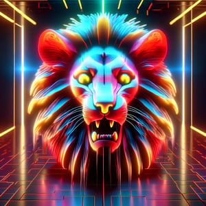 "Mad Cat" ,3D Neon bright colors red orange and yellow of a MAD CAT Lion face eyes squinted moth open showing teeth, Neon multy colored matrix code falling from the top in the background, intelligence concepts HD wallpaper,DonMH010D15pl4yXL ,
