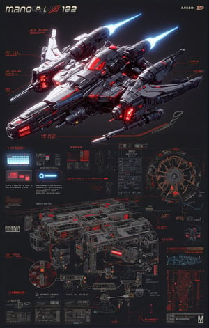 meticulously illustrated in 3D style, A detailed technical drawing or blueprint of a Spaceship, type fighter interceptor sleak fast red and black,  this epic art masterpiece. In stunning 16K UHD resolution, every detail shines, from the intricate textures to the super-sharp focus, making this artwork a true work of art,Mecha