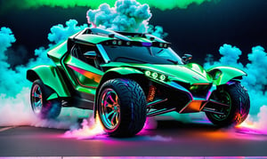 (((front view))), ultra relistic,  of a green ariel nomad  with headlights on, a light bar on the roof shining bright beams of white light ,  background of colorful smoke , ✏️🎨, 8k stunning artwork, vapor wave, neon smoke, hyper colorful, stunning art style, car with holographic paint, amazing wallpaper, futuristic art style, 8 k highly detailed ❤🔥 🔥 💀 🤖 🚀4k phone wallpaper, inspired by Mike Winkelmann, 