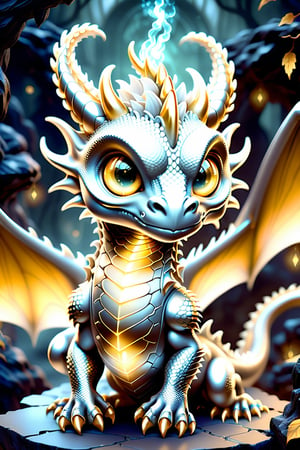Craft an enchanting fantasy scene featuring a Gold -silver biometric dragon with glowing,  shiny biometrical features. Imagine captivating silver and gold eyes and impressive glass horns. Place this majestic creature in a fantasy-style background that complements its ethereal beauty,  aiming for a visually striking image with intricate details and a magical atmosphere., cute little dragon
,cute dragon,GUILD WARS