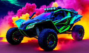 front  view, ultra relistic,  of a green ariel nomad tactical ATV 4x4 with headlights on, a light bar on the roof shining bright beams of light ,  background of colorful smoke , ✏️🎨, 8k stunning artwork, vapor wave, neon smoke, hyper colorful, stunning art style, car with holographic paint, amazing wallpaper, futuristic art style, 8 k highly detailed ❤🔥 🔥 💀 🤖 🚀4k phone wallpaper, inspired by Mike Winkelmann, 