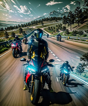 (best quality:1.33), (masterpiece:1.42), (realistic:1.24), (detailed:1.15), science fiction,scenery, Feel the wind in your hair and the rush of adrenaline as you race with a group of skilled bikers, rides through the hills, action_pose, urban techwear, yhmotorbike,Nature